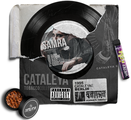 Cataleya Tobacco neben einer Vinylplatte von Samra, die die Verbindung von erstklassigem Tabakgenuss mit der Musikwelt zeigt.